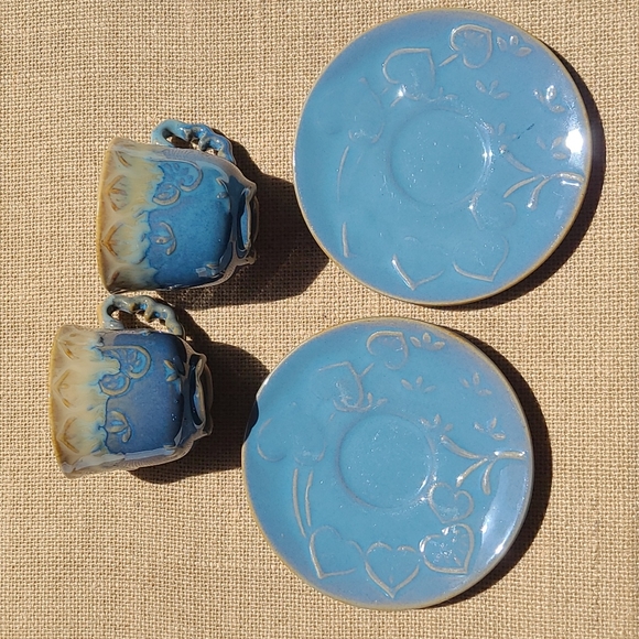 Vintage drip glaze teacup set hearts blue tea cup saucer - Picture 2 of 6